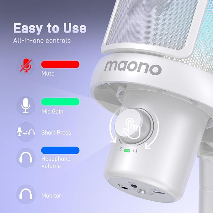 MAONO Wireless Gaming Microphone, USB Condenser Mic with Software, Noise Cancellation, AI Voice Changer, RGB Lights, Mute, Gain for Streaming Recording Podcast Computer PC Laptop, DM40 White