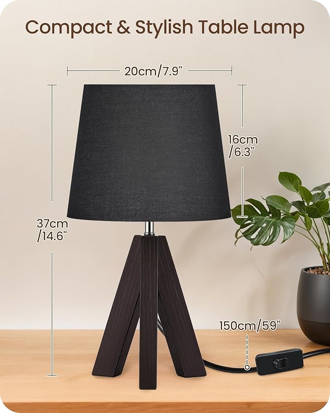 Tripod Table Lamp, 14.6" Small Bedside Lamp, Modern Nightstand Lamp with Black Shade & Dark Walnut Base, Boho Desk Lamp for Bedroom, Kids Room, Living Room, Study, E26 Socket, VB51TL05