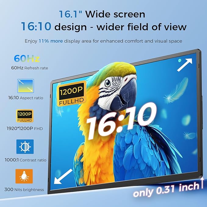 Laptop Screen Extender 16.1", 1200P FHD, Portable Monitor 360° Rotating Detachable Stand, Height Adjustable Monitor Extender for Laptop 13-17.5", Plug-Play for Tablet, PC, Phone, etc