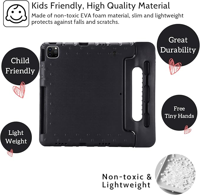 Dteck Kids Case for iPad Air 13 inch M2 2024, iPad Pro 13" Case 2024, Lightweight Shockproof Rugged EVA Kids Friendly Handle Kickstand Child Proof Protective Case with Pencil Holder, Black