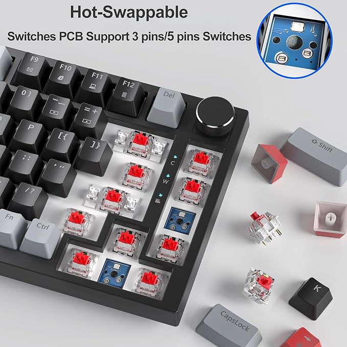 Fogruaden 75% Wired Mechanical Gaming Keyboard - 75 Percent TKL Hot Swappable Gasket Mount, Red Switch, RGB Backlit 82 Keys, NKRO Compact with Knob (Dark)