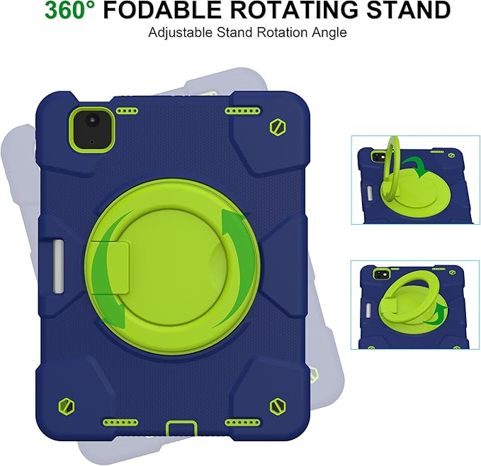 Andnary Case for iPad Air 11 inch Case M4/M3/M2 (2026/2025/2024), Heavy Duty Shockproof Cover with Screen Protector, 360° Rotating Stand, Pencil Holder, Shoulder Strap (Navy+Green)