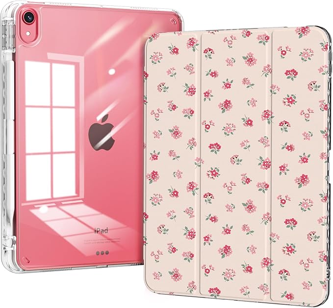 Case for iPad 11th Generation A16 Chip (2025), iPad 10th Generation (2022) Case, Protective Slim Clear Back Cover with Pencil Holder, Trifold Sturdy Stand, Pink Ditsy Floral