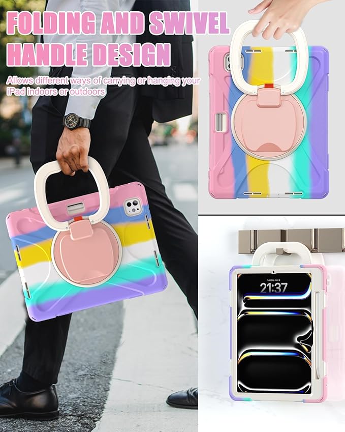BRAECN for for iPad Pro 11 Inch Case M5 2025 & 2024 M4, Protective Rugged Silicone Cover with Built-in Pencil Holder, Carrying Shoulder Strap, Screen Protector, Ultra Stable Stand, Colorful Pink