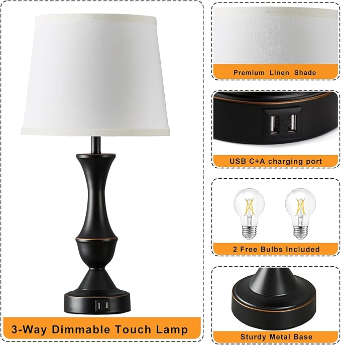 Luvkczc Touch Table Lamps Set of 2, 22" Tall Bedside Lamps with USB C+A Ports,Dimmable Nightstand Lamps, Table lamp for Bedrooms, Living Room, Office, Black Lamp with White Lampshade, Bulbs Included