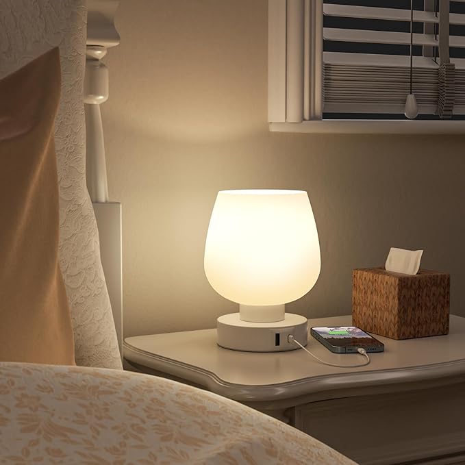 Touch Table Lamp for Nightstand - Bedside Lamp with USB C+A Charging Ports for Bedroom Living Room Night Stands, Desk Lamp with White Glass Shade for Small Spaces, 3 Way Dimmable, LED Bulbs, Gifts