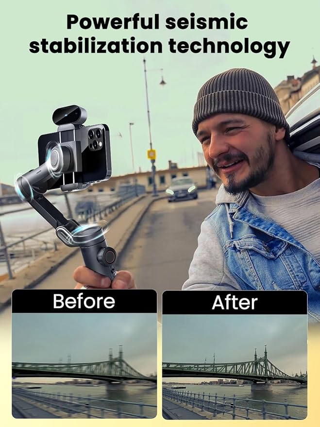 AOCHUAN XE AI Version,Gimbal Stabilizer for Smartphone,NO APP AI Tracking, Gesture Control,360°Inception Gimbal with TikTok YouTube,3-Axis Foldable Handheld Tripod for iPhone& Android,Black