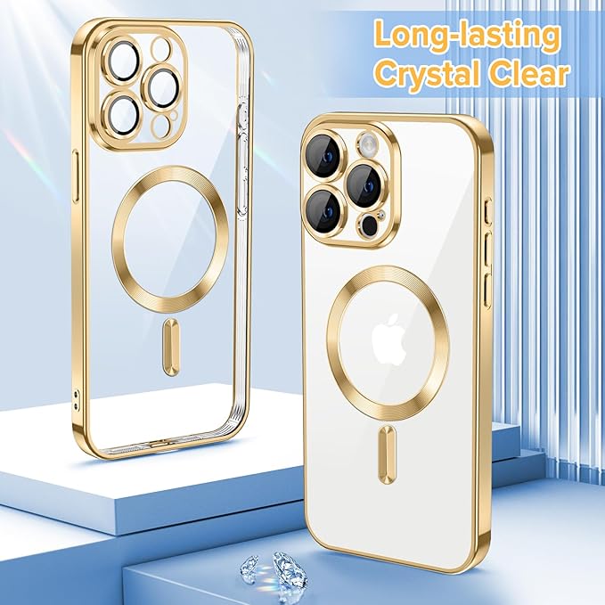 Hython Magnetic Clear for iPhone 15 Pro Case with Camera Lens Protector [Compatible with MagSafe] Luxury Plating Edge Slim Soft TPU Cover Protective Phone Case for iPhone 15 Pro 6.1", Gold