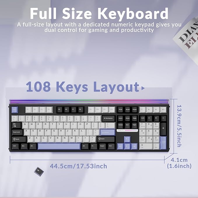 Aula H108 Wireless Mechanical Keyboard, Hot Swappable Silent Keyboard, Full Size Keyboard with Number Pad, Gasket Structure, RGB Backlit Computer Gaming Keyboard with PBT Keycaps for PC/Office