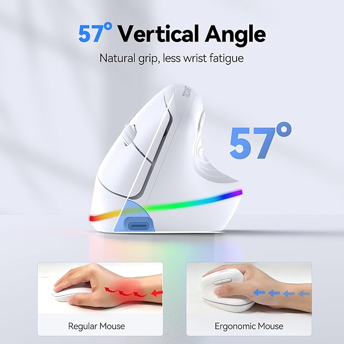 TECKNET RGB Wireless Ergonomic Mouse Rechargeable - USB+Bluetooth Multi-Device LED Vertical Mouse with 11 RGB Backlight Modes, 4800 DPI Adjustable, Ergo Mice for Windows and Mac, White