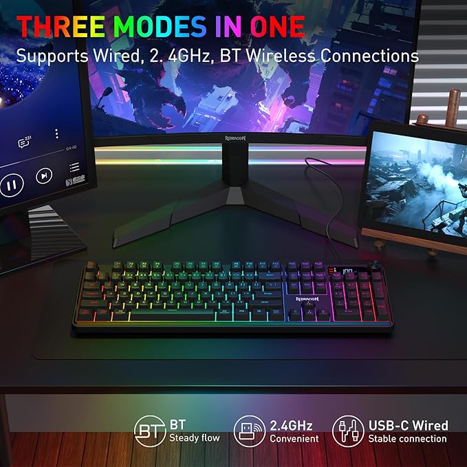 Redragon K526 PRO RGB Wireless Membrane Gaming Keyboard, 104 Keys Mechanical-Feel Keyboard w/LED Info Display, Media/Backlit Knob Control, Smooth Linear Switch & Software Supported