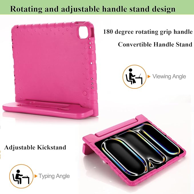 for iPad Air 13-inch Case M3/M2 (2025/2024) for Kids with Pencil Holder/Kickstand, Anti-Slip Handle Stand Lightweight Soft EVA Foam Shockproof Rugged Bumper Tablet Protective Cover, Rose