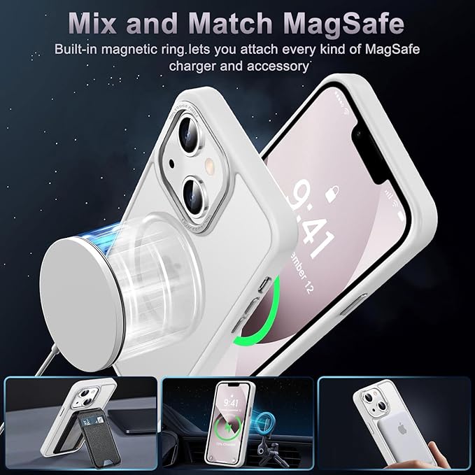 Newfuture Designed for iPhone 13 Case & iPhone 14 Case with Magnetic [13 FT Military Drop Protection] [Compatible with Magsafe] Translucent Shockproof with Anti-Fingerprint Phone Case, Frosted White
