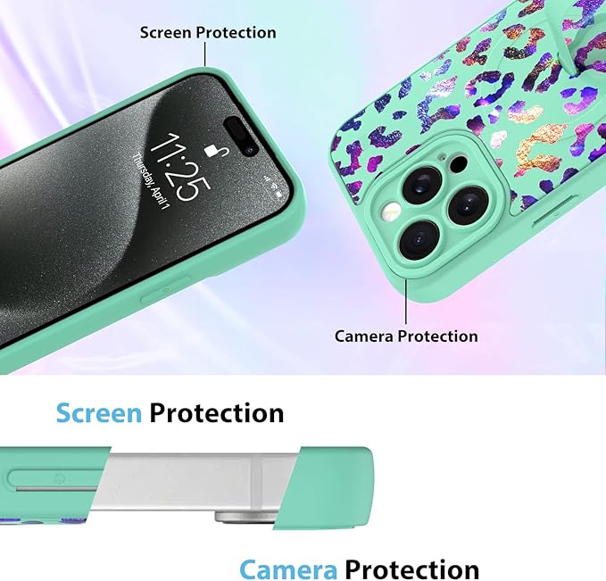 KANGHAR Compatible with iPhone 15 Pro Max Case, Support for MagSafe, Silicone Cute Iridescent Leopard Cheetah Pattern, Wristband Kickstand Shockproof Protective Slim Cover for Women Girls, Green