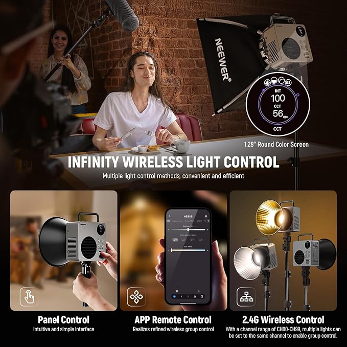 NEEWER 80W LED Video Light with 72Wh Battery & 100W PD Adapter APP/2.4G Control Portable Bi Color Mini COB Studio Continuous Output Lighting 25500lx/1m 2700-6500K 0-100% Dimming CRI95+ 13 Scene, HB80B