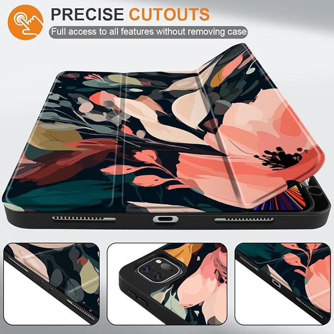 DONGKE Case for 2022/2021/2020/2018 iPad Pro 11 inch Gen 4/3/2/1 - Slim Protective Case - Built in Pencil Holder Support Charging - Trifold Stand & Sleep/Wake Cover - Painted Florals