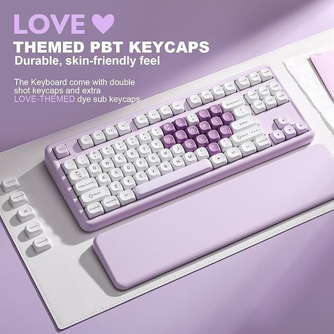 YUNZII B87 Wireless Mechanical Keyboard,QMK/VIA Programmable,TKL Layout 87 Keys,BT/2.4G/USB-C,Hot Swap Gasket Mount RGB Backlit Gaming with Wrist Rest for Win/Mac (Purple Heart, Cocoa Cream V2)