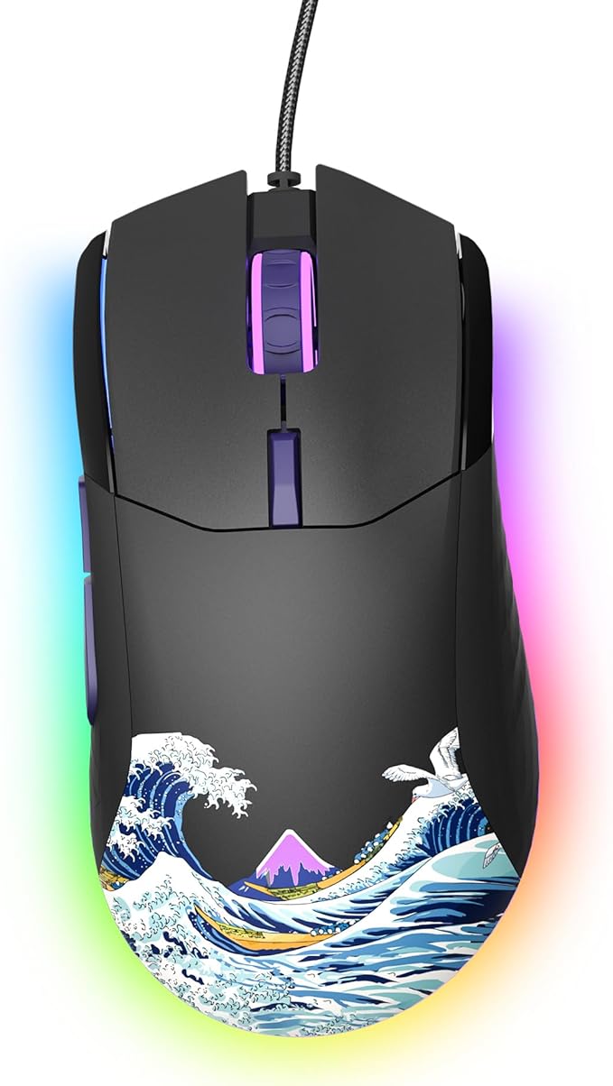 Womier Wired Gaming Mouse,Black RGB Anime Mouse w/Ergonomic Computer 12000DPI/6 Programmable Buttons Programmable Buttons for Laptop PC Mac Windows (G705 V2 Kanagawa)