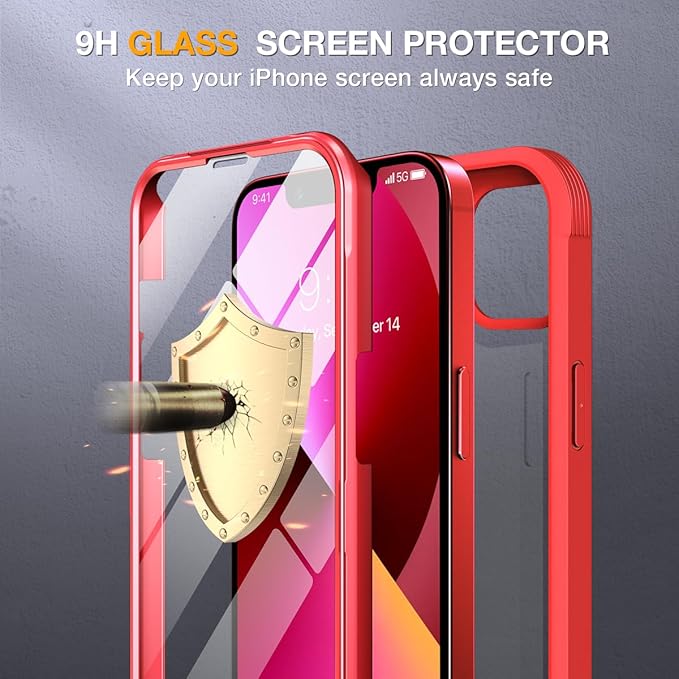 Miracase for iPhone 13 mini Case 5.4",Full-Body Protection,Clear Bumper Case with Built-in 9H Tempered Glass Screen Protector,Military-Grade Drop Protection Outdoor Phone Case for iPhone 13 mini,Red
