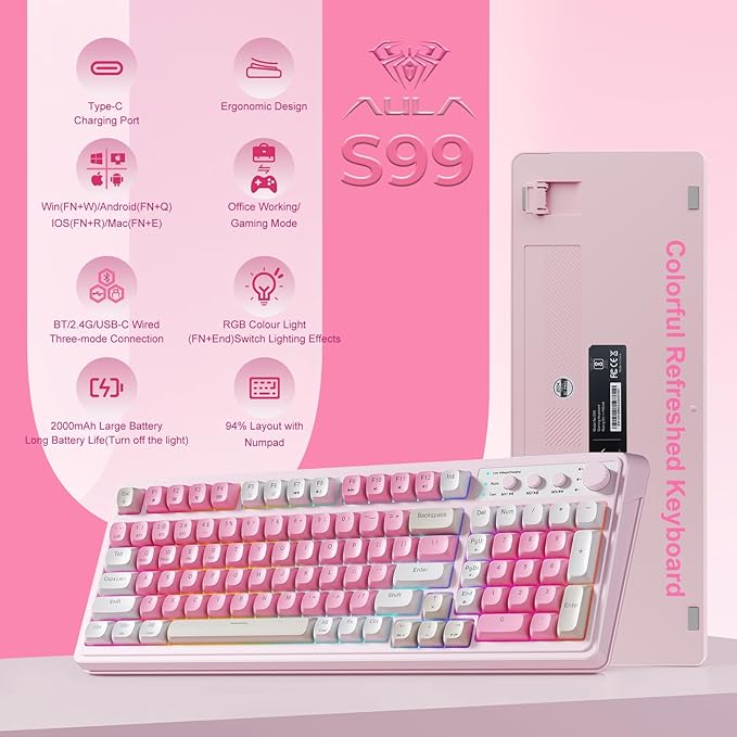 AULA 99 Key Keyboard, Wireless Gaming Keyboard Bluetooth Computer Keyboards Creamy Cute with Number Pad RGB Backlit Tri-Mode BT/2.4GHz/USB-C - Pink