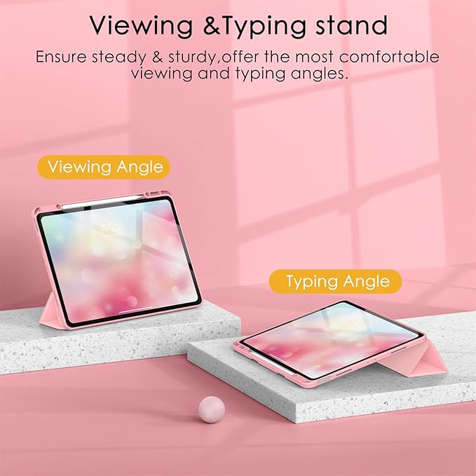 Soke Case for iPad Pro 12.9 Inch (6th/5th/4th/3rd Generation, 2022/2021/2020/2018) - Pencil Holder + Auto Sleep/Wake + Camera Protection, Transparent Shockproof Back Cover, Pink
