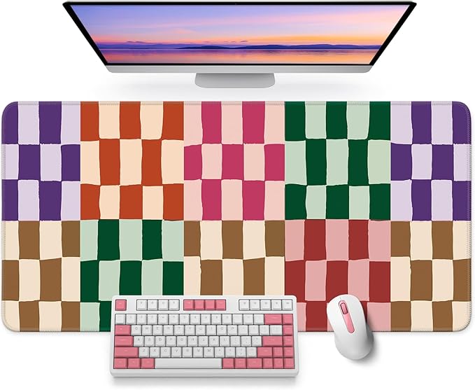 Large Mouse Pad for Desktop, Cute Desk Mat Pad Protector for Work & Gaming, Aesthetic Pretty Anti-Slip Laptop Blotter Cover for Office School Home Supplies, Checkered, 35.4" x 15.7"