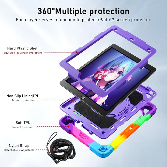 for iPad 6th Generation/iPad 5th Gen/iPad Air 2/iPad Pro 9.7" Case with Cute Key Chain, Rugged Protective Case with Rotating Stand & Shoulder Hand Strap for iPad 6th/5th/ Air 2 (Rainbow Purple)