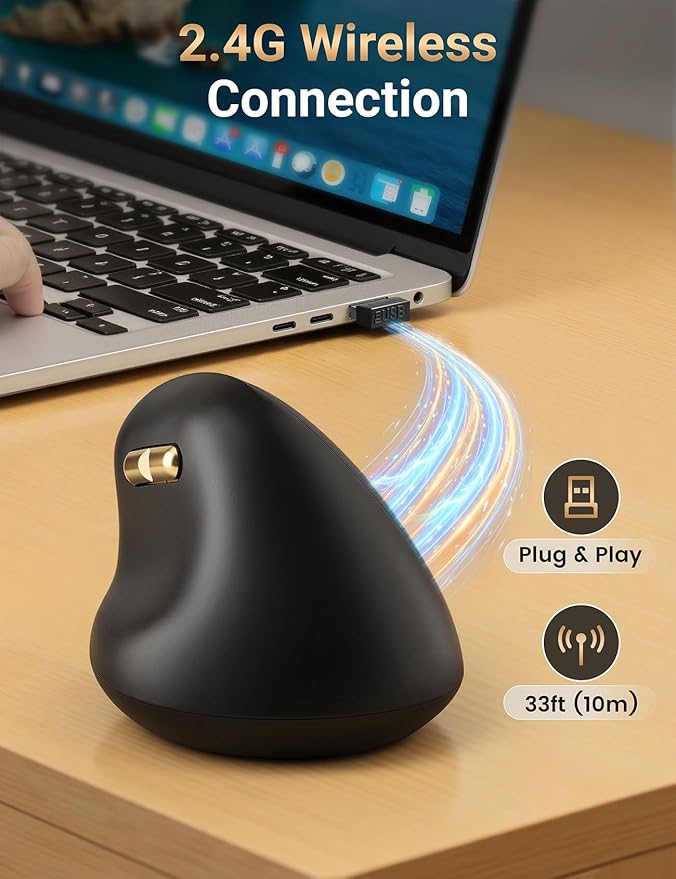 Ergonomic Vertical Wireless Mouse, 57° Natural Handshake for Wrist Pain Relief, Rechargeable 2.4G USB Computer Mouse, Quiet Click, 800/1200/1600 DPI, for Laptop PC Mac, Small/Medium Hands (Black)