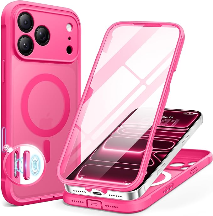 BERFY for iPhone 17 Pro Max Case, Compatible with MagSafe, Built-in Glass Screen Protector, Camera Protection, Shockproof Full Body Phone case 6.9", Translucent Hot Pink