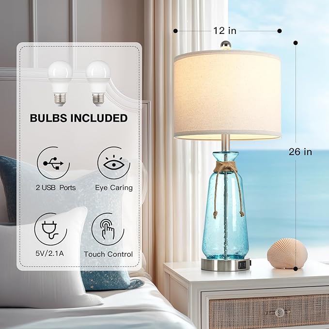 Rinweey 26" Coastal Lamps for Living Room Set of 2,3-Way Dimmable Bedside Lamps with USB Ports and AC Outlet, Nautical Lamps for Nightstand Bedroom Living Room,Teal