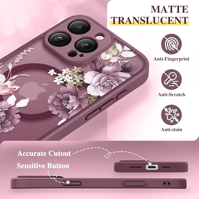GVIEWIN for iPhone 16 Pro Case Compatible with MagSafe, [Military Grade Protection] [Screen Protector] Full Camera Protection Floral Translucent Women Magnetic Phone Case, Cherry Blossoms/Burgundy