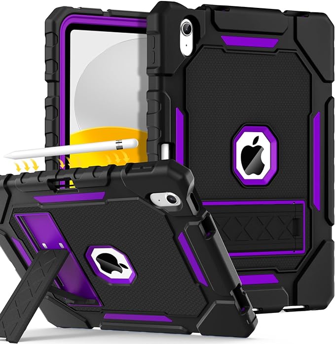 Grifobes for iPad A16 Case 11th Generation 11 inch 2025 / iPad 10th Generation Case 10.9 inch 2022, Heavy Duty Military Grade Shockproof Cover with Pencil Holder for i Pad 11/10 (Black+Purple)