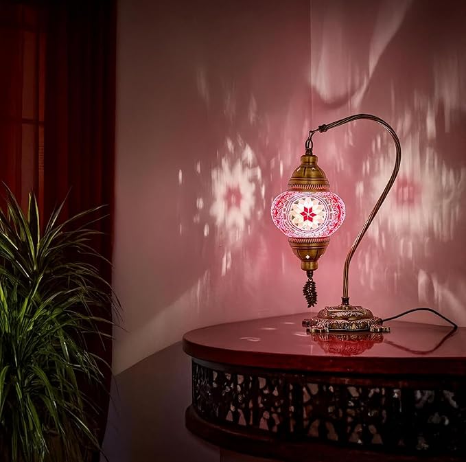 DEMMEX Turkish Moroccan Mosaic Table Lamp – Handcrafted Tiffany-Style Colorful Glass Swan Neck Bedside, Desk, Table Light, Boho Artisan Accent Lighting for Bedroom or Living Room – 15" H, Pink