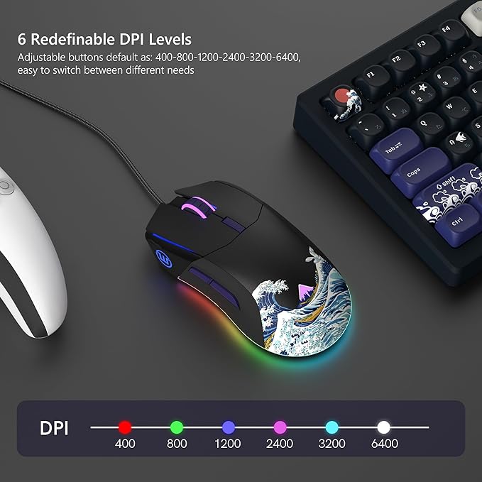 Womier Wired Gaming Mouse,Black RGB Anime Mouse w/Ergonomic Computer 12000DPI/6 Programmable Buttons Programmable Buttons for Laptop PC Mac Windows (G705 V2 Kanagawa)