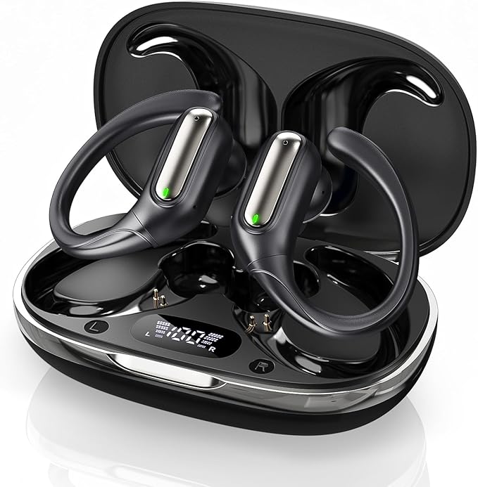 Wireless Sports Earhook Earbuds, Sweatproof Secure-Fit Bluetooth 6.0 Headphones with Hi-Fi Stereo Sound, 80H Playtime, Easy Button Control for Running Workout Gym
