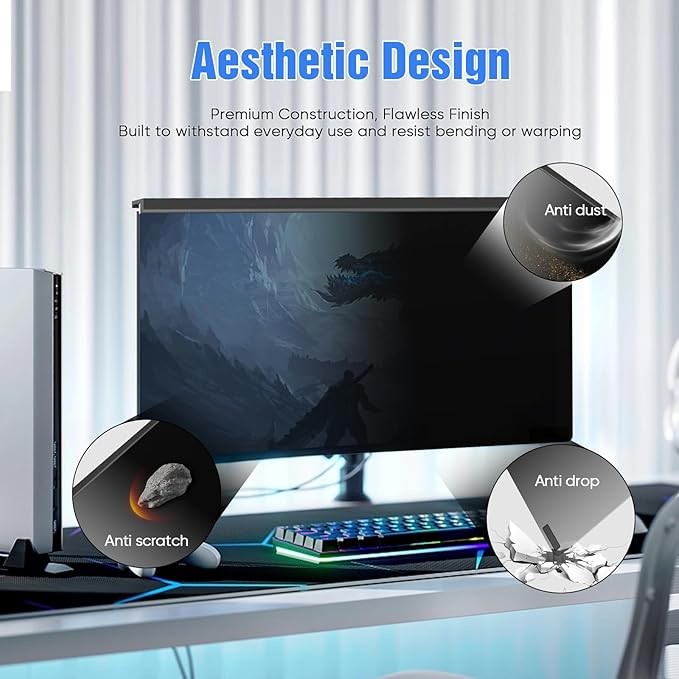 Magnetic Computer Privacy Screen 32 Inch，Aesthetic Hanging Privacy Screen for Computer Monitor with Anti-Blue Light Coating, Removable Magnetic Attachment Computer Monitor Privacy Shield