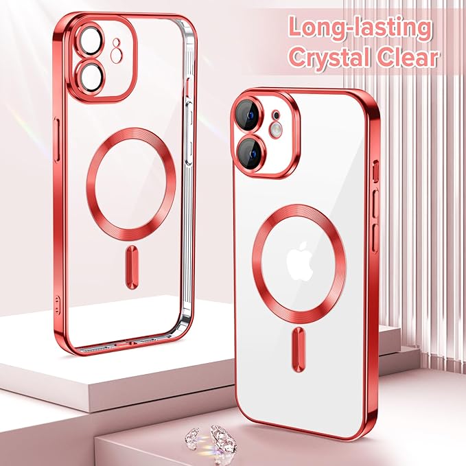 Hython Magnetic Clear for iPhone 12 Case with Camera Lens Protector [Compatible with MagSafe] Luxury Plating Edge Slim Soft TPU Cover Protective Phone Case for iPhone 12 6.1", Red
