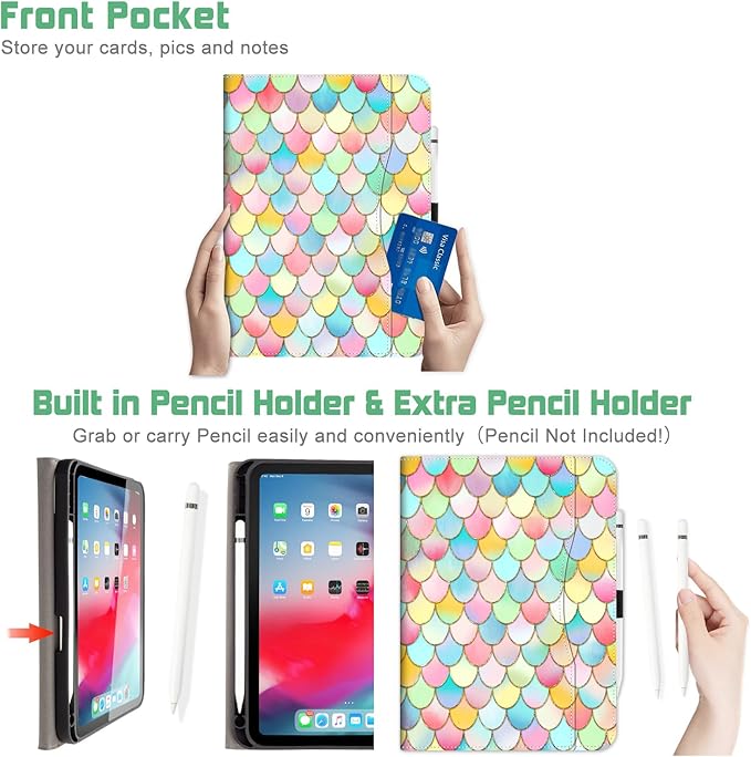 for iPad (A16) 11Th/10Th Generation Case 2025/2022, for iPad Case 11Th/10Th Generation, Fit iPad 10Th/11Th Gen Cover Pencil Holder/Hand Strap/Pocket/Adjustable Stand, Pink Fish Scale