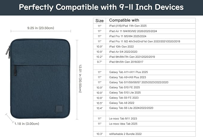 Dadanism 9-11 Inch Tablet Sleeve Padded Carrying Case for iPad (A16) 11th Gen 11", iPad 10th Gen 10.9", iPad Air M4/Pro M5 11", iPad Air 5/4, iPad 9/8/7th Gen, Galaxy Tab A11+ Plus 11", Indigo