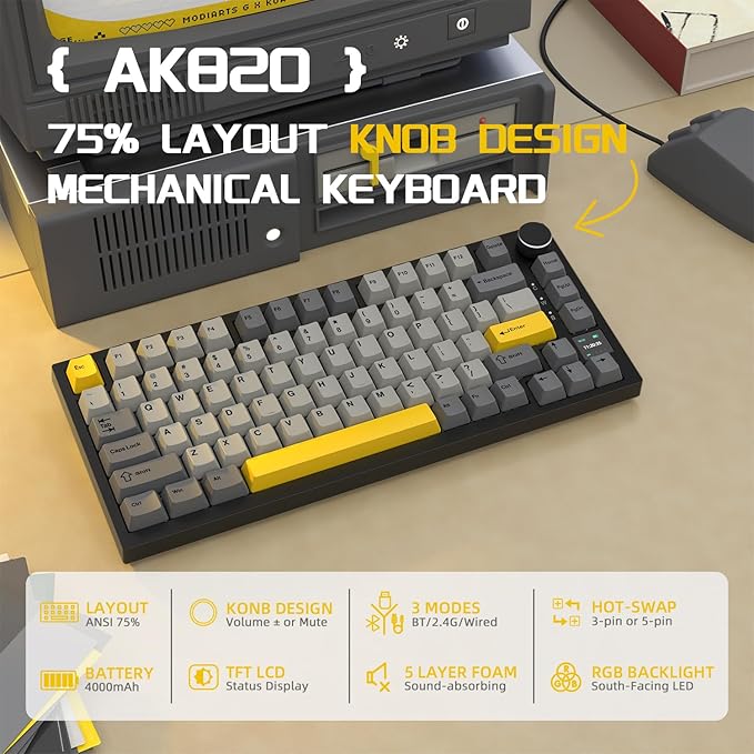 Attack Shark ajazz AK820 Pro Wireless Mechanical Gaming Keyboard TFT Display & Knob Hot Swappable Bluetooth 5.1/2.4G hz/Type-C Gasket-Mounted RGB Backlit Custom Keyboard for PC/Win(Black/Gift Switch)