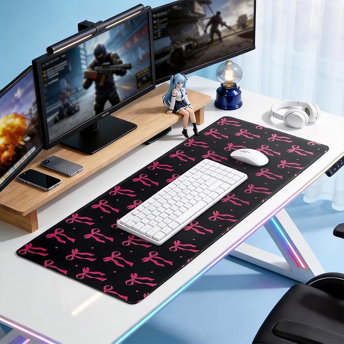 Large Gaming Mouse Pad 31.5 x 11.8in Desk Mat for Office Mousepad Anti-Skid Rubber Base Soft Comfortable and Durable Desk Pad (Black Bow)
