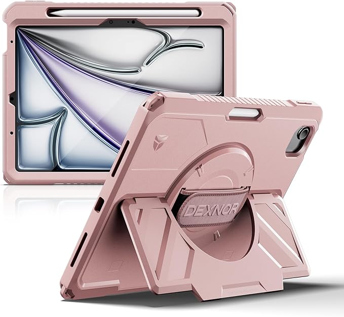 Dexnor Case for iPad Air 11 inch M4/M3/M2, iPad Air 5th/4th Generation 10.9 inch Rugged Case with 360° Rotating Hand Strap & Stand & Screen Protector & Pencil Holder Shockproof Full-Body Cover,Pink