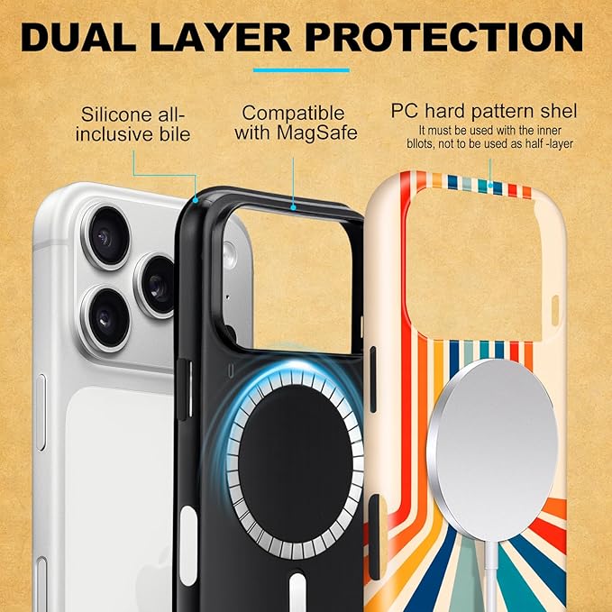 Magnetic for iPhone 17 Pro Max Case Cute Stripes Phone Case, Shockproof Slim TPU and Hard PC Protective Phone Cover Compatible with MagSafe Designed for Women Girls,Retro Stretch
