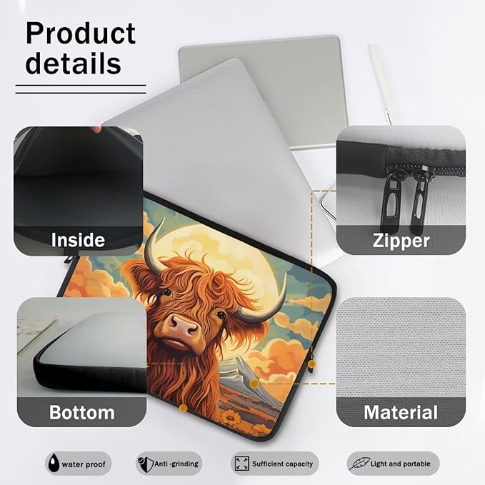 Highland Cattle Computer Sleeve for Women Men Laptop Sleeve 12 inch Neoprene Laptop Covers with Padded Compartment Lap Top Case Sunflower Computer Carrying Bag Brown