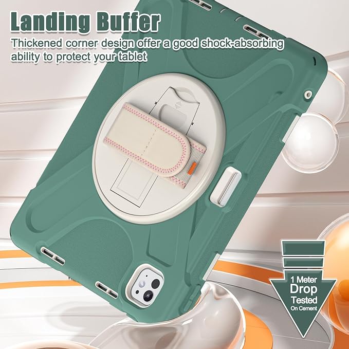 Batianda Case for New iPad Pro 11-inch 2025 M5 2024 M4 Chip Heavy Duty Rugged Durability Silicone Tablet Cover with 360° Rotating Hand Strap Foldable Hidden Stand & Shoulder Strap, Sea Green