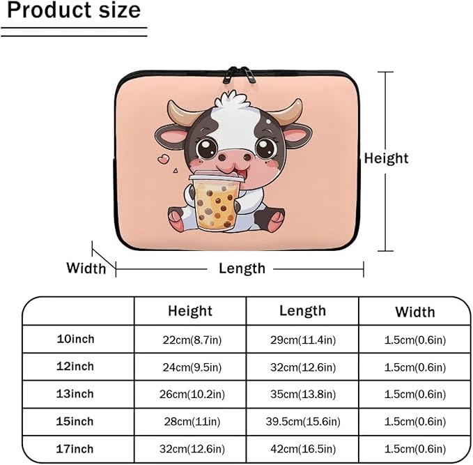 Cute Cow Laptop Protective Sleeve for Women 12 Inch Computer Sleeve Bag Zippered Pouches with Humanize Design Lap Top Case Suitable for Travel School Office Neatly Organizers