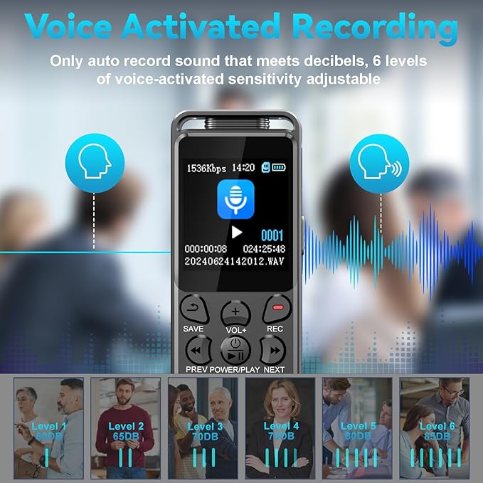 144GB Digital Voice Recorder with Playback, Volorful 1536Kbps Audio Recorder for Interviews Meetings, Voice Activated Recorder Recording Device with Noise Reduction, MP3 Stereo Player, Microphone