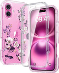 Diaclara Designed for iPhone 16 Case, Full Body Rugged Case with Built-in Touch Sensitive Anti-Scratch Screen Protector, Upgraded [Full Camera Protection] for iPhone 16 Holsters 6.1" (Clear Flower)