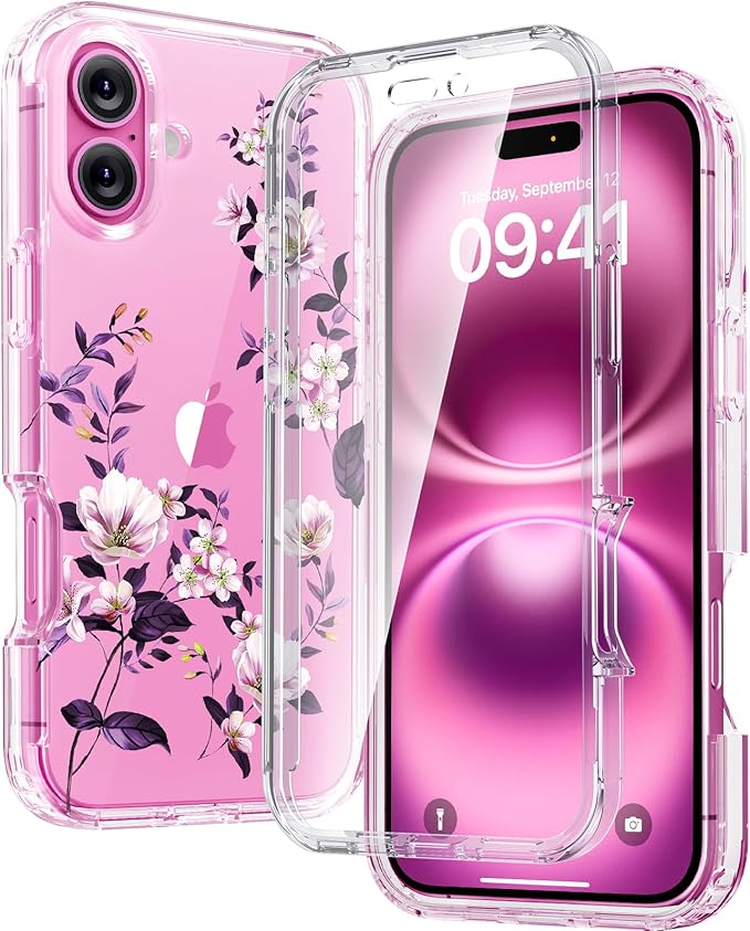 Diaclara Designed for iPhone 16 Case, Full Body Rugged Case with Built-in Touch Sensitive Anti-Scratch Screen Protector, Upgraded [Full Camera Protection] for iPhone 16 Holsters 6.1" (Clear Flower)