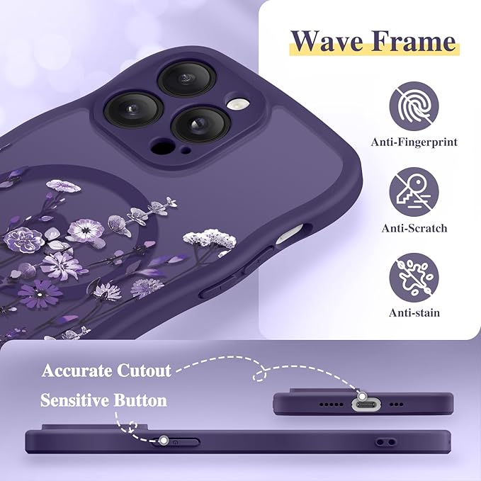 GVIEWIN for iPhone 14 Pro Case Compatible with MagSafe [Curly Wave Edge][Full Camera Protection] Floral Translucent Shockproof Magnetic Women Phone Case for 14 Pro, Floratopia/Deep Purple
